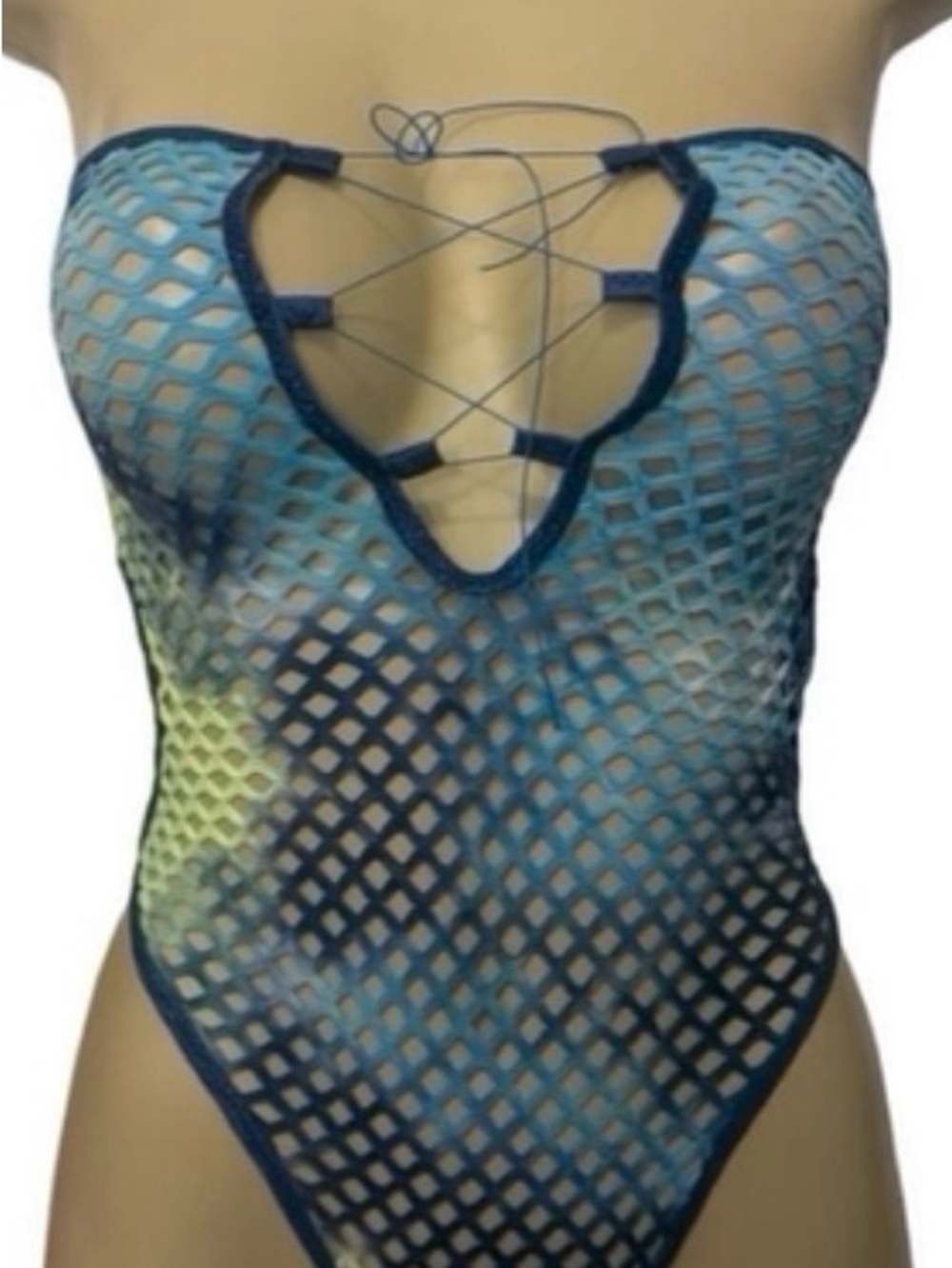 Blue Gradient Fishnet Lace-Up One-Piece - exotic dancewear